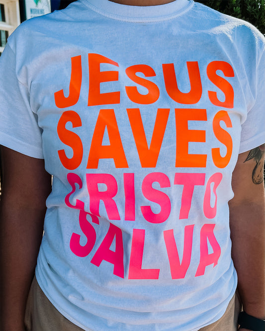 JSCS Campaign T-shirt โ White, Orange/Pink
