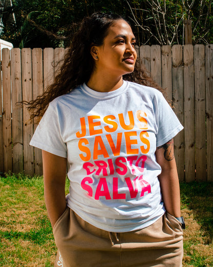 JSCS Campaign T-shirt — White, Orange/Pink